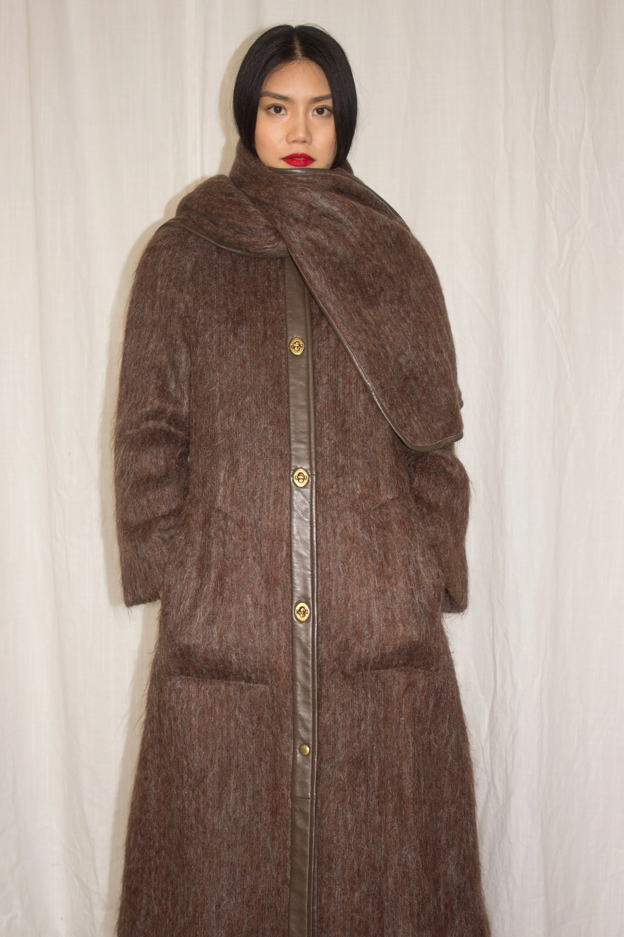1970s Richard Barr Mohair and Leather Coat with Matching Shawl